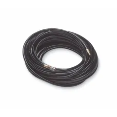 This 50 ft SAR airline hose supplies breathable air to supplied-air respirators in industrial environments. It features a 3/8 in inside diameter, 185 psi max pressure, and 1/4 in Quick-Connect Hansen Industrial Interchange fittings. The hose is constructed of black polyester/polyvinyl for flexibility and durability.
