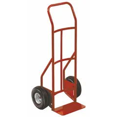 General purpose hand truck with a flow-back handle, red steel frame, and pneumatic 10 in wheels. Suitable for moving loads in warehouses, factories, and loading docks.