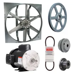 Unassembled belt-drive panel exhaust fan with drive package. Features a 36 in blade, 3/4 hp motor, 14,345 cfm airflow, and 115/208-230V AC single-phase power. Zinc-plated steel frame with cast construction. Totally enclosed fan-cooled motor with Class B insulation. Suitable for industrial ventilation applications requiring removal of heat, fumes, or stale air.