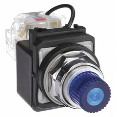 Blue LED pilot light from the Dayton series, designed for 30 mm panel mounting. Rated for 24 V AC/DC maximum supply voltage and includes a push-to-test function for verifying indicator operation. Commonly used in industrial control panels to signal equipment status such as power on or alarm conditions.