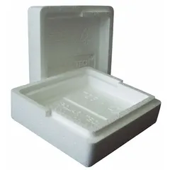 White polystyrene mailer designed to hold a standard Petri dish during transport. Outside dimensions: 5 in length, 3 3/4 in height; inside length: 4 in. Provides secure containment for lab samples in transit.