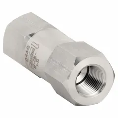 Stainless steel poppet check valve with inline valve body and FNPT x FNPT connections. Prevents backflow in fluid and gas media systems. Used in process instrumentation, analytical sampling, and control lines.