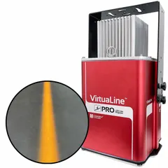 This 80 W amber LED line projector projects a straight line for alignment and positioning tasks. It includes mounting brackets and is suitable for use in manufacturing, assembly, and material handling environments to indicate boundaries or paths.