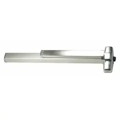 This rim-type exit device features a touchbar style and is finished in chrome. Designed for doors up to 3 ft wide, it is ADA compliant and suitable for commercial and industrial egress applications.