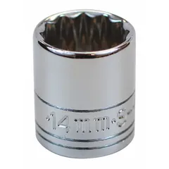 This 1/4 in drive hand socket features a 14 mm metric size with a 12-point standard profile. Constructed from chrome, it is used for tightening or loosening fasteners in automotive, machinery, and general assembly applications.