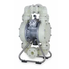 This air-operated double-diaphragm pump features a polypropylene housing with a 1 1/2 in flange connection. It delivers a flow rate of 120 gpm and is equipped with a PTFE check valve and PP seat material. Suitable for transferring fluids in industrial applications.