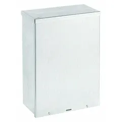 Galvanized steel enclosure with a solid screw-on cover secured by clamps. Measures 18 x 15 x 6 inches. Type 3R rated for outdoor use, providing protection against rain and sleet. Includes knockouts for conduit entry. Suitable for housing electrical terminations, wiring, and components in industrial and commercial settings.