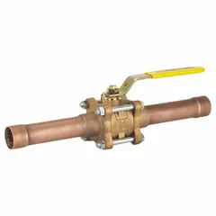 This bronze straight ball valve features a full port design with MNPT x Tube connections and a locking lever handle. The valve is cleaned and bagged for oxygen service, suitable for use in gas handling systems where contamination prevention is required.