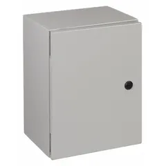 This steel enclosure measures 24 inches by 20 inches by 8 inches and features a solid hinged cover secured with a 1/4-turn latch. Rated NEMA 12/13/3R/4, it provides protection against dust, dripping water, hose-directed water, rain, and sleet. Suitable for housing electrical controls and wiring in industrial washdown environments, both indoors and outdoors. No knockouts are included.