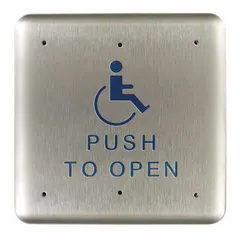 This LCN push-to-exit button is constructed of stainless steel with a gray finish. It measures 4-3/4 inches wide and 1-1/2 inches deep. The button is ADA compliant and operates by push-button action, suitable for egress applications in commercial facilities.