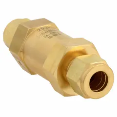 This brass inline poppet check valve from Parker features a Buna-N seal and is designed for use in fluid and gas media. It prevents backflow in instrumentation systems, pneumatic controls, hydraulic circuits, and process gas lines.