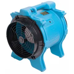 This axial blower delivers 2,041 cfm with a 1 hp motor, operating on 115V AC at a single speed. The polyethylene housing and fixed frame are designed for horizontal-only use. Suitable for air movement and ventilation in drying and construction applications.