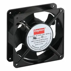 Square axial fan with polybutylene terephthalate blades. Delivers 115 cfm airflow at 0.000 in static pressure. Measures 4 11/16 inches in height and 1 1/2 inches in depth. Features terminal connections with IP20 rating. Suitable for cooling and ventilation in electronic enclosures, control panels, and small equipment.