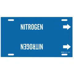 This strap-on pipe marker identifies nitrogen lines in industrial piping systems. It features a blue background with white legend text and includes directional arrows for flow indication. Designed to fit pipe outer diameters of 10 to 15 inches, the marker is sold individually.