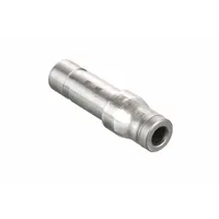 Stainless steel push-to-connect tube fitting with silver finish, designed to connect 8 mm OD tubing to 10 mm OD tubing. Features push-to-connect x push-to-connect ends for tool-free assembly. Suitable for use in pneumatic and fluid handling systems