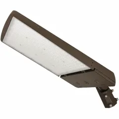 LED area light with slipfitter/knuckle mount for pole or wall installation. Delivers 28,856 lumens at 200W with selectable color temperatures of 3000K, 4000K, or 5000K. Operates on 120 to 277V AC. Bronze finish. Suitable for outdoor illumination of parking lots, streets, and commercial perimeters.