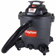 This DAYTON general purpose vacuum features a plastic tank for wet/dry pickup. It includes an 8 ft hose with 2 1/2 in diameter. Suitable for cleaning liquid spills and dry debris in workshops and maintenance areas.
