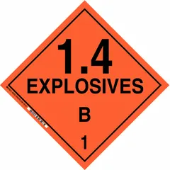 This BRADY placard measures 10 3/4 x 10 3/4 inches and displays the message '1.4 Explosives B 1'. It is used to identify Class 1 explosive materials during transport, helping to comply with hazardous material regulations.