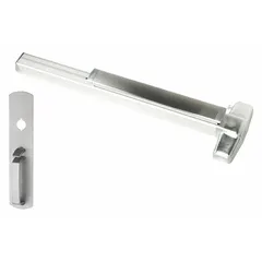 This mortise exit device features a touchbar style and is designed for doors up to 4 ft wide. The chrome finish and thumbpiece pull outside trim provide a functional egress solution. It is ADA compliant for accessibility in commercial buildings, schools, and hospitals.