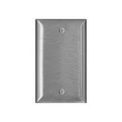 Blank wall plate for covering unused electrical boxes or custom configurations. 1-gang midsize design. Made of stainless steel for corrosion resistance.