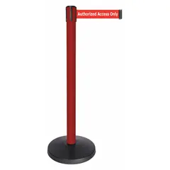 This retractable belt post barrier from QUEUEWAY features a red ABS and metal alloy housing with a white belt printed with 'Authorized Access Only' in red. The belt extends to 10 ft, making it suitable for controlling pedestrian access and defining restricted areas in facilities such as airports, stadiums, and office buildings.