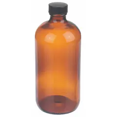 This 500 mL amber narrow mouth round glass bottle is made from Type III soda lime glass, providing protection for light-sensitive contents. It features a 28-400 mm neck finish with an attached phenolic cap and a PolyCone liner for a secure seal. Suitable for general laboratory sampling and storage of liquids or solids.