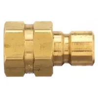 This brass-bodied quick-connect coupling plug is designed for hydraulic systems requiring a maximum flow rate of 22.71 lpm. With a 3/8"-18 thread size, it is suitable for fluid transfer in mold cooling lines and general hydraulic circuits