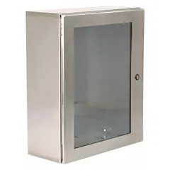 This WIEGMANN enclosure is constructed from 304 stainless steel, measuring 24 x 24 x 12 inches. It is rated NEMA 12/13/3R/4/4X, suitable for protecting electrical controls and instrumentation in indoor and outdoor environments requiring corrosion resistance and weatherproofing. The enclosure features a hinged cover with a 1/4-turn latch closure; knockouts are not included.
