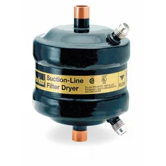 Steel shell filter drier for liquid line installation in HVAC and refrigeration systems. Designed for 23 ton systems using CFC refrigerants. Features 3/4 inch female sweat connections and a 5 inch length. Removes moisture, acids, and contaminants to protect system components.
