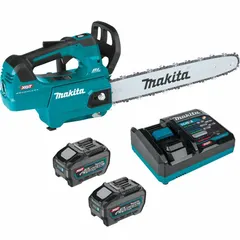 This battery-powered chainsaw features a top handle design and an adjustable/automatic chain oiler. It operates on a 40 V battery with 30 cc equivalent displacement. Suitable for tree care, pruning, and light-to-medium cutting tasks where maneuverability and reduced emissions are desired.