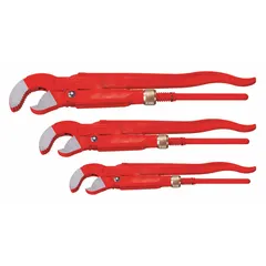 Swedish-style pipe wrench set with serrated steel jaws and ergonomic handle. Jaw capacity of 2 in and overall length of 5 51/100 in. Used for gripping and turning pipes, fittings, and round objects in plumbing, HVAC, and industrial maintenance tasks.