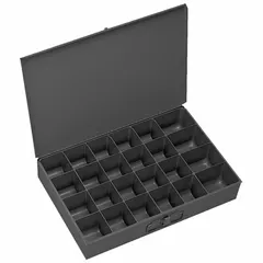 This large compartmented box features 24 fixed compartments, each measuring (4) 3-13/16 in x 2-7/8 in, in a gray piano finish. It is designed for organizing small parts, fasteners, and hardware in industrial workshops, maintenance facilities, and assembly lines. The box has no removable dividers and is compatible with model 310B.
