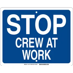 High Intensity Prismatic (HIP) retroreflective sign with blue background, 0.09 in thick, nominal size 12 in x 15 in, featuring mounting holes for installation. Used as a Stop Crew At Work flag sign to alert personnel in railroad environments.