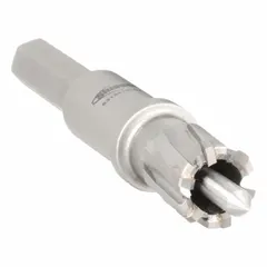 This SLUGGER BY FEIN annular cutter has a 3/4 in diameter and a 1/2 in maximum cutting depth. It features a carbide-tipped design with a bright finish and includes a pilot pin. Designed for extended-reach applications with magnetic drill presses, it is used for cutting clean, accurate holes in metal.