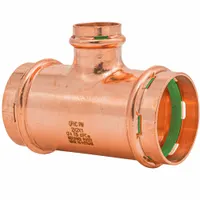 This copper or bronze press tee fitting is used in plumbing systems to branch a 2 in CTS line into a 1 in CTS line. It features an EPDM O-ring and a seal window for visual installation verification. Suitable for potable water and hydronic heating applications