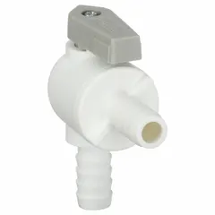 Straight, one-piece polypropylene ball valve with 3/8 inch barb x barb connections and a lever handle. Used for manual on/off or flow control in low-pressure fluid systems requiring corrosion resistance.