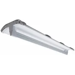 8 ft linear LED bay light delivering 8400 lumens at 4000K. Designed for mounting heights of 8 to 18 feet with general distribution. Operates on 120-277V AC and accommodates (2) lamp LFL. Suitable for general illumination in industrial and commercial spaces such as warehouses, workshops, and retail areas.