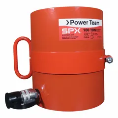Lightweight hollow ram with 100 ton nominal capacity, 3 in nominal stroke, and 3.13 in center hole. RH configuration allows rod or cable passage for pulling, pushing, or lifting in tensioning, jacking, or pressing operations.