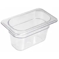 Rectangular ninth-size steam table pan from CRESTWARE, model FP94. Overall dimensions 7 in length by 4 1/4 in width. NSF Certified and dishwasher safe. Suitable for holding and serving hot or cold food in commercial foodservice settings such as buffet lines and cafeterias