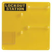 This BRADY lockout board is an unfilled, wall-mount station made of acrylic with an open-front cover. It provides board-only visibility for organizing padlocks and hasps in small-scale lockout/tagout applications (1-20 devices). Suitable for industrial environments requiring a clear, accessible lockout point