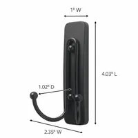 This adhesive-backed hook from COMMAND is designed for indoor decorative and utility use, with a black finish and two points per hook. It measures 4 1/32 inches in overall height and 2 inches in overall depth. Suitable for hanging lightweight items such as keys, small tools, or accessories on smooth surfaces