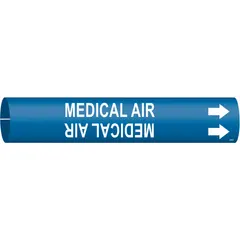This snap-on pipe marker identifies Medical Air lines in healthcare, laboratory, or industrial piping systems. The blue background with white legend and directional arrows provides clear pipe identification. It fits pipe outer diameters from 1-1/2 to 2-3/8 inches and is supplied as a single marker.