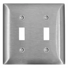 General-purpose wall plate for two toggle switches. Constructed of stainless steel for corrosion resistance. Standard size for use in industrial and commercial environments.