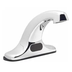 Centerset sensor faucet with cast brass construction and chrome finish. Battery-powered with 0.5 gpm flow rate. Includes three supply hoses for mixing valve. Suitable for touch-free hand washing in commercial restrooms and public spaces.