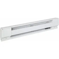 Residential-grade electric baseboard heater with conventional white housing. Operates at 208/240V AC, delivering 564W or 750W output. Thermostat not included; requires separate wall or line-voltage thermostat for temperature control. Suitable for supplemental or primary heating in rooms such as bedrooms and living areas.