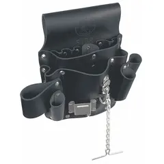 Black leather tool pouch with eight pockets and open-top closure. Designed for carrying pliers and similar hand tools. Attaches to belts up to 2 1/2 inches wide via belt slot.