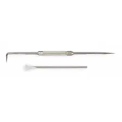 This double-end scriber features a round, knurled, nonmagnetic steel body with a removable pointed tip. It is used for marking layout lines on metal surfaces in machining, fabrication, and toolmaking.
