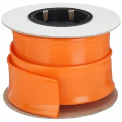 This chemical-resistant PVC heat shrink tubing shrinks from a 3-inch inner diameter to 1.5 inches at a 2:1 ratio. It is 5 feet long and orange in color. Used to insulate and protect electrical connections, cables, and components from chemicals, moisture, and abrasion in industrial wiring, automotive harnesses, and marine environments.