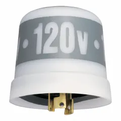 The INTERMATIC LC4521C is a turn-locking photocell for automatic dusk-to-dawn lighting control. It features SPST switching, 120V AC input and load, and a twist-lock mounting design for use in compatible receptacles. Typical applications include outdoor lighting for parking lots, signage, and security lighting.