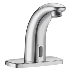 Single-post sensor faucet for touch-free hand washing in commercial restrooms. Constructed of brass with a chrome finish. Includes a 4-inch center set trim plate and a plug-in back-check tee. Part of the SLOAN SF series.
